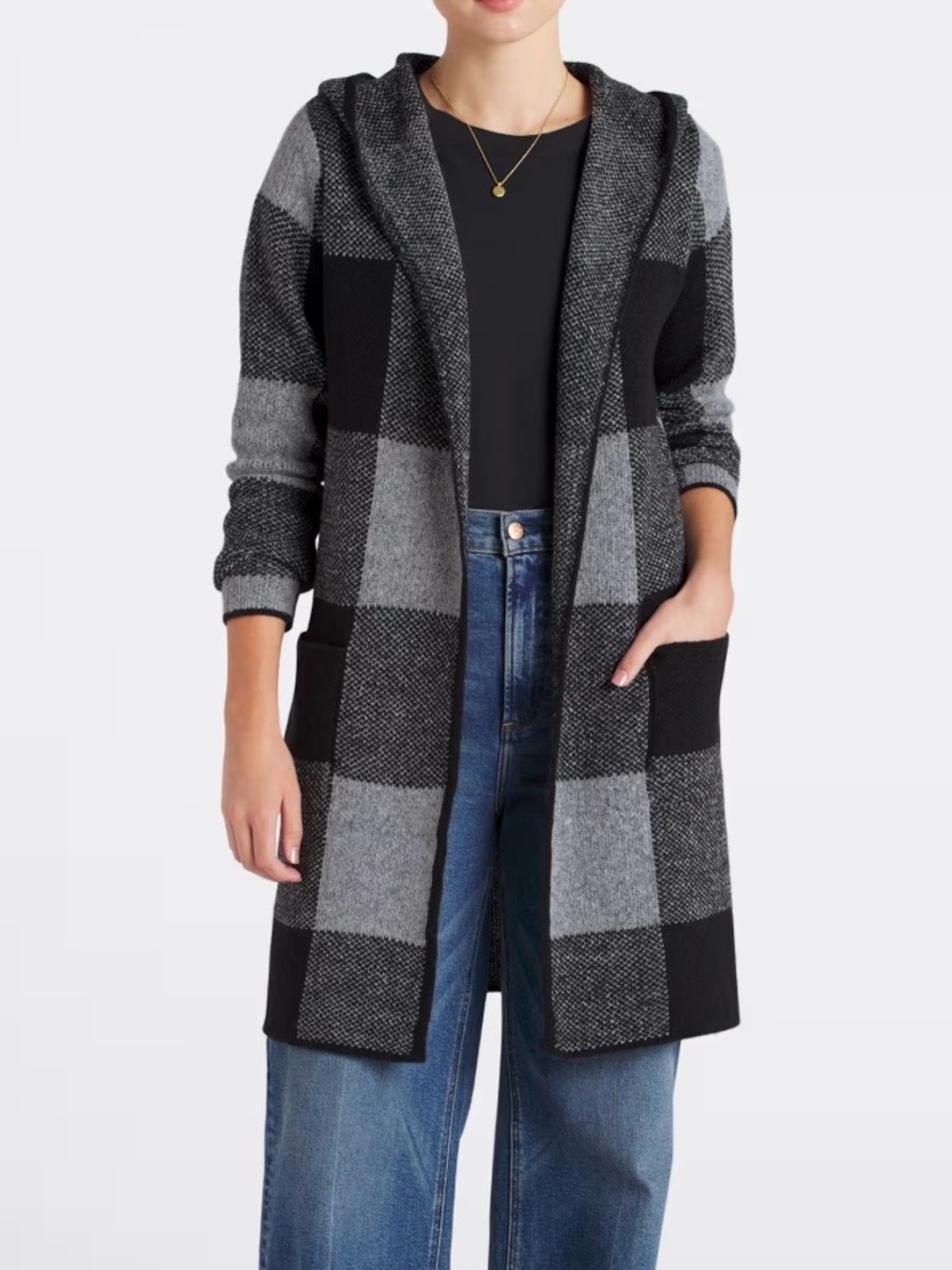 Fortune and Ivy Cozy Hooded Plaid Open-Front Cardigan Sweater - Black & Gray